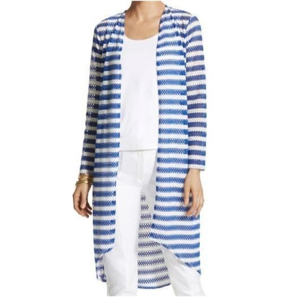 Chico's 3 Size XL Jacket Tess Cardigan Cover Up Eyelet Mesh Striped Flowing - Picture 7 of 8